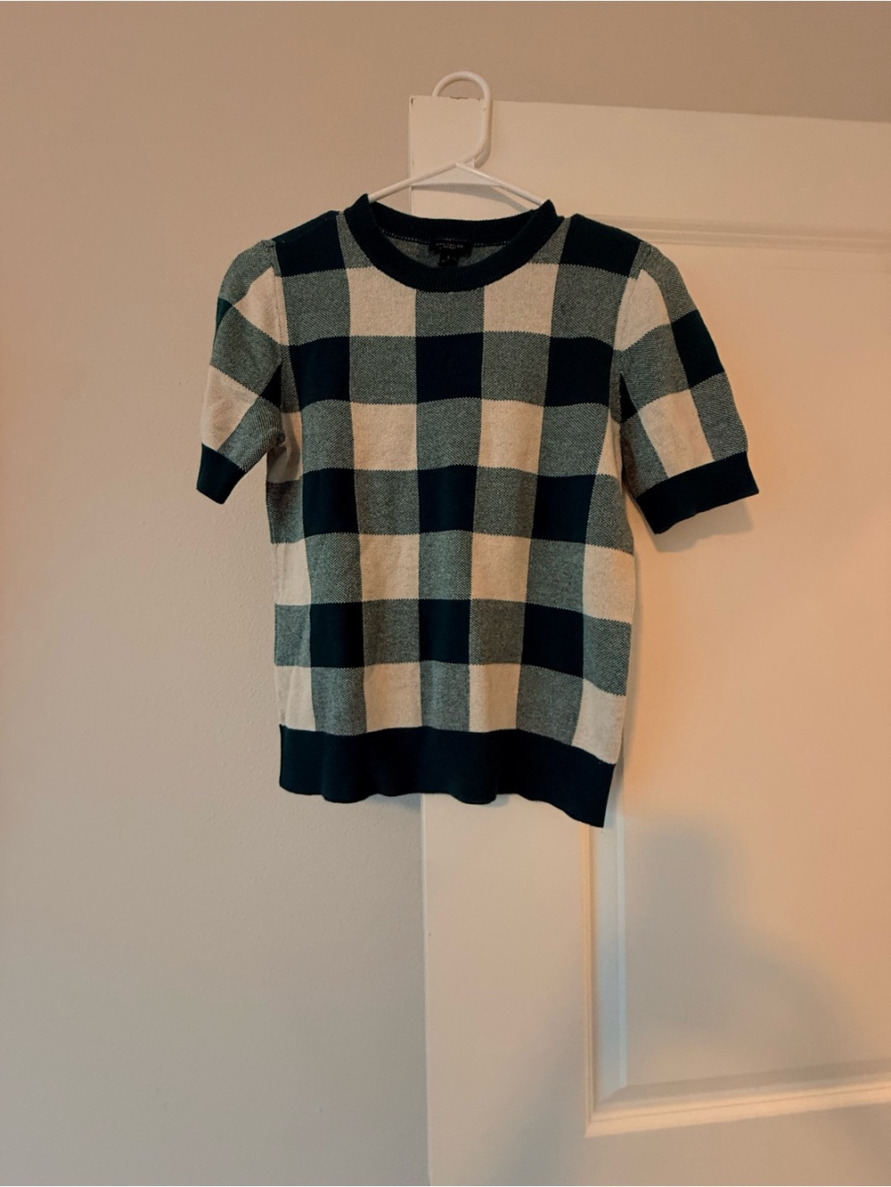 Ann Taylor Navy and Cream Checkerboard Short-Sleeve Crewneck Sweater